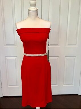 Strapless Red Cocktail Dress with Rhinestone Waistband